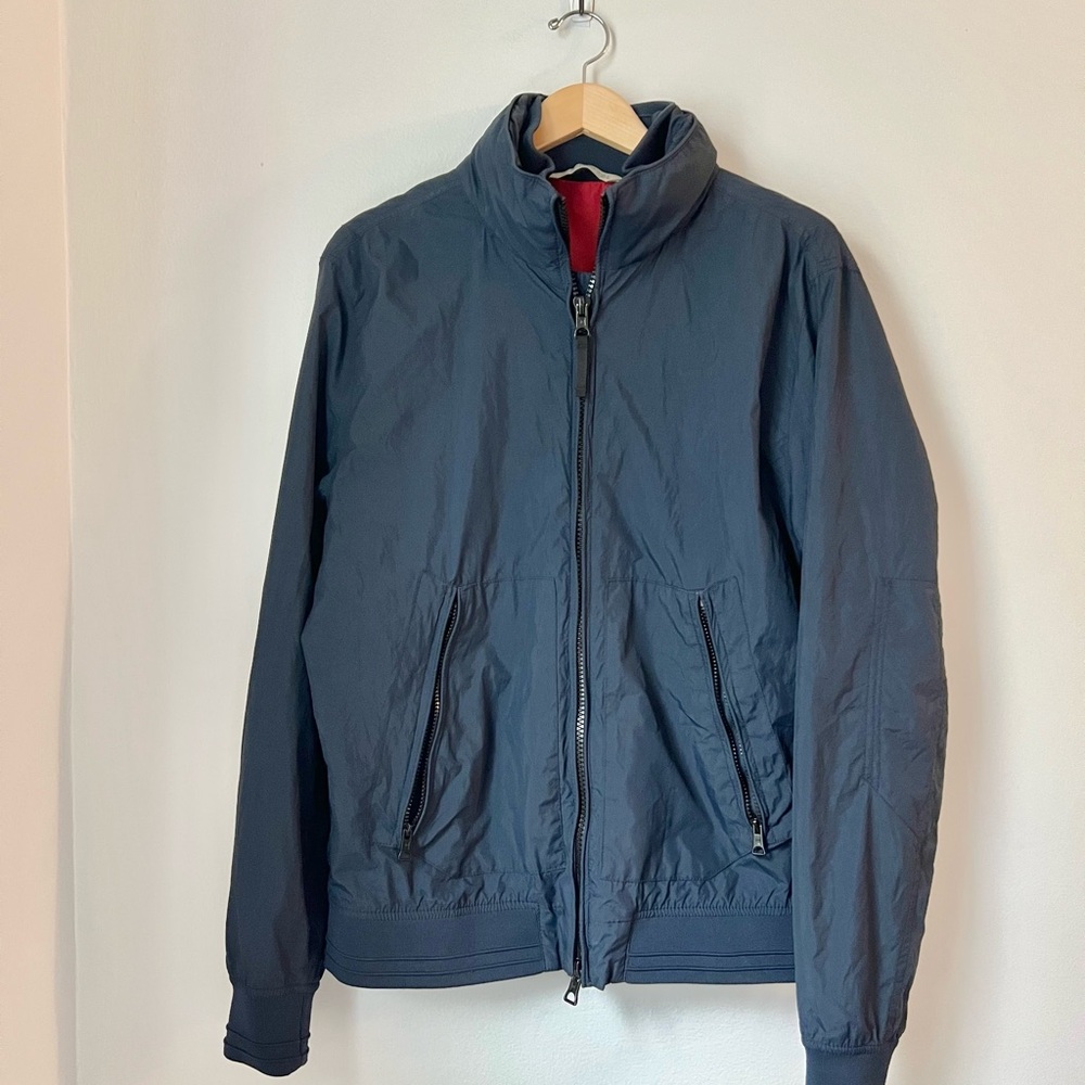 Mango Mens MNG Navy Blue Windbreaker Rain Jacket Bomber Zip-Up with hidden hood